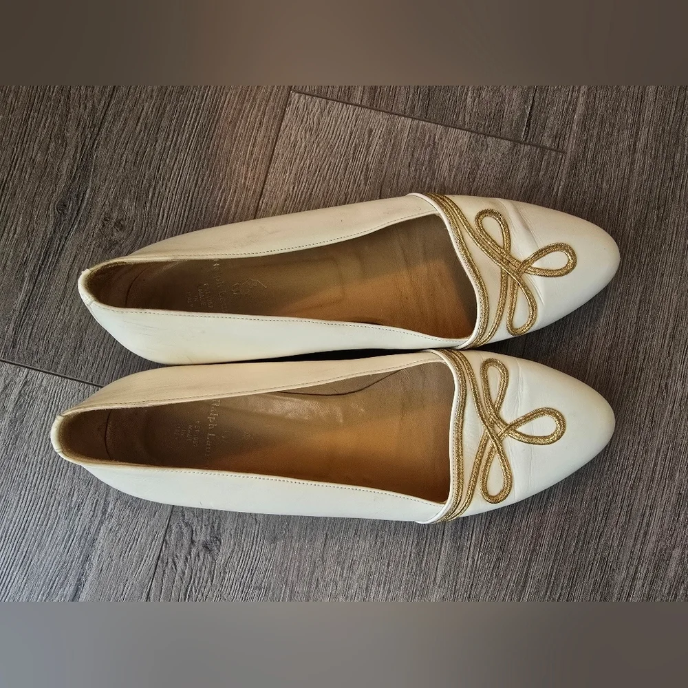 Ralph Lauren Cream Gold Detail Ballet Flats Military Nautical Coastal Preppy